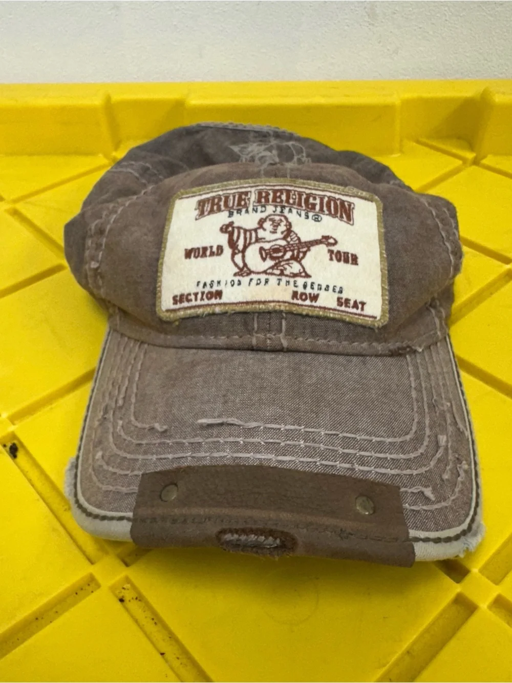 Vintage True Religion Hat Mens Leather Strapback Brown Distressed Y2K